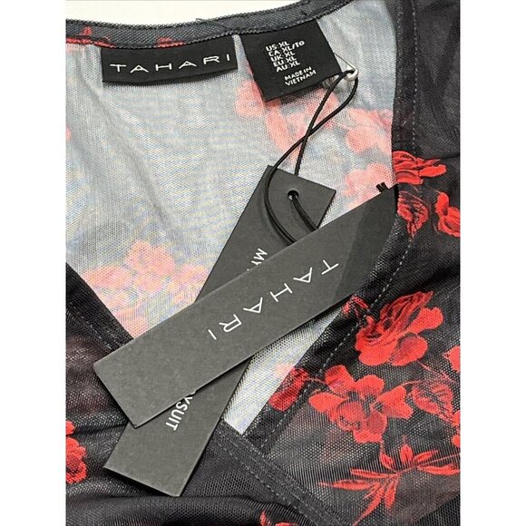 Tahari Bodysuit Women XL‎ Black Red Mesh Floral Roses Surplice Witchy Whisigoth - Picture 4 of 10